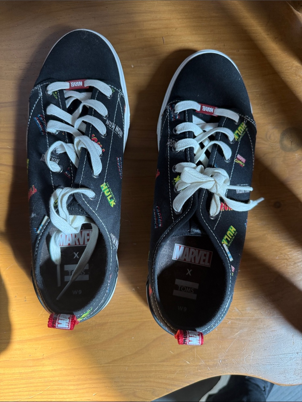 Marvel TOMS Women's Black Sneakers with Multicolor Logos NWOT